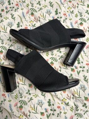 Life Stride Black Knit Slingback Block Heel Sandals Size 8
